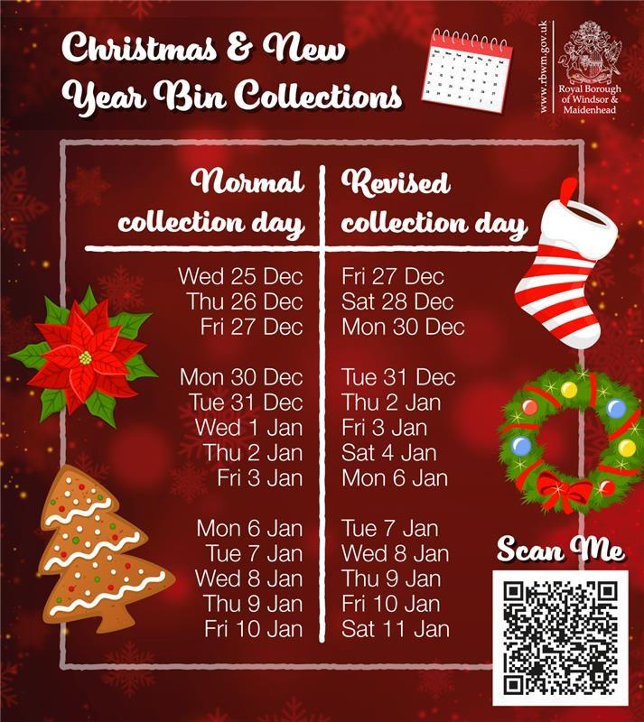 Festive red graphic with details of Christmas and New Year bin collection dates in the Royal Borough of Windsor and Maidenhead. Visit https://www.rbwm.gov.uk/environment-and-waste/recycling-and-rubbish/holiday-collection-dates